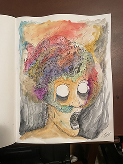 A photograph of a painting of a person, eyes wide and mouth wide. Their head is exploded into a number of colors.